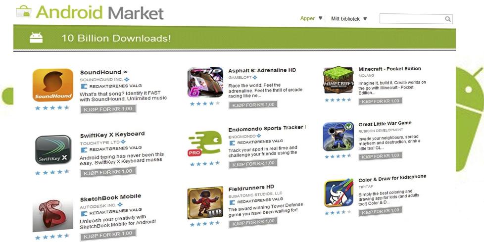 SALG: Google feirer at det er lastet ned ti milliarder apper fra Android Markets og byr p� ti nye apper hver dag til �n krone. Faksimile: Google Android Market