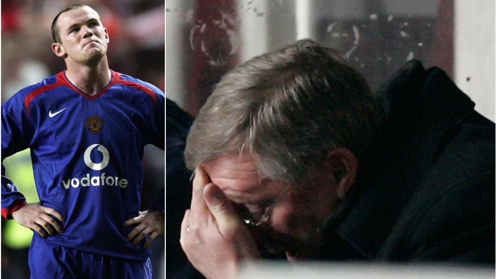 NEDTUR: Wayne Rooney (t.v.) og sir Alex Ferguson fortvilte etter at Manchester United r�k ut mot Benfica i Champions League h�sten 2005. Det var trolig den st�rste l�repengen i skottens managerkarriere, mener Roar Stokke.Foto: SCANPIX