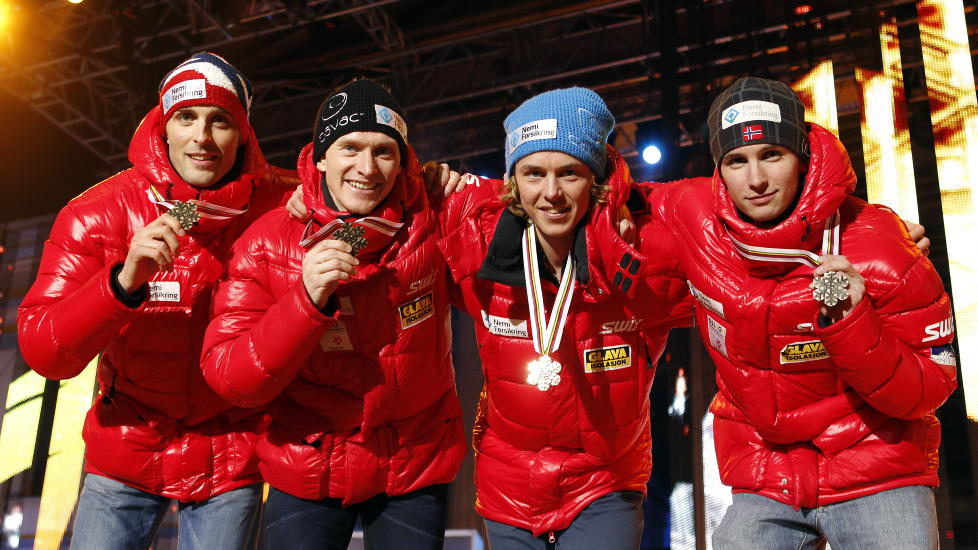 ENDRING I PLANENE: VM-laget deltar ikke i helgens verdenscup. Her er bronselaget til Norge under Ski-VM i 2011 med Mikko Kokslien, H�vard Klemetsen, Jan Schmid og Magnus Moan.
Foto: Gorm Kallestad / Scanpix