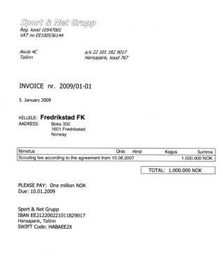 MISTENKELIG AVTALE: Her er kvitteringen som sto som viser at Fredrikstad betalte agentselskapet Sport & Net Grupp 1 000 000 kroner for speideroppdrag i Baltikum.Faksimile: Dagbladet, 1. september 2009.