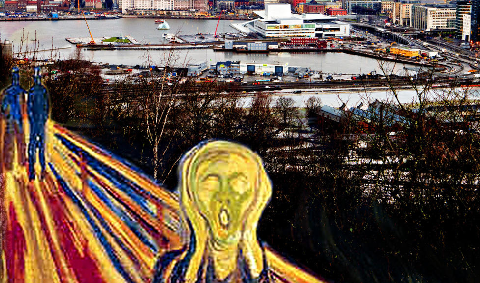 D-DAG I dag avgj�res Lambdas skjebne i Oslo bystyre. Det kan f�re til ramaskrik blant alle de fagmilj�ene som har uttrykt sin st�tte til prosjektet. Collage av Munchs Skrik og foto med Bj�rvika i bakgrunnen, der Lambda er planlagt. Utf�rt i forst�else med Munch-museet.
Foto: Lars Eivind Bones / Dagbladet