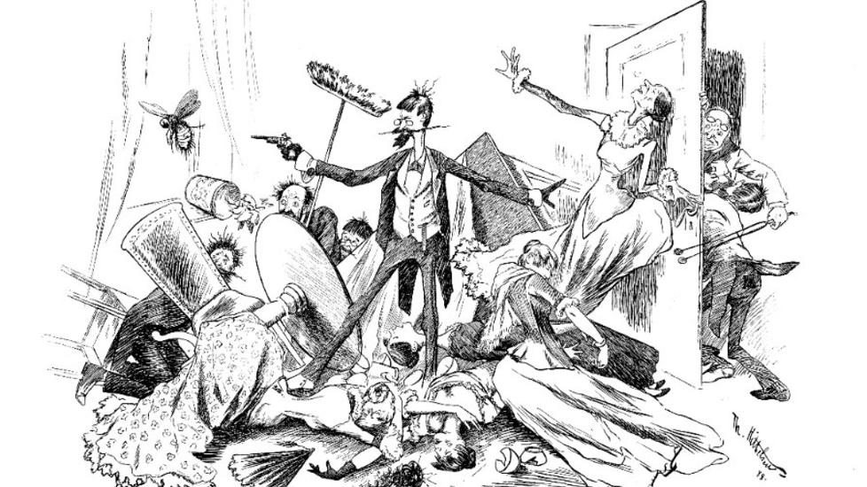 MODERNE HELTER: Det kalte Kittelsen denne tegningen. Hvem er vepsen som skaper kaos i det fine selskap? Kunstneren selv? Man kan bare gjette. Illustrasjon: FRA BOKA