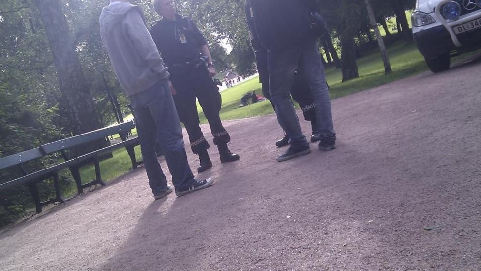 POLITISJEKK: Her blir to av medlemmene av hackergruppen Noria sjekket av politiet i Slottsparken l�rdag 24. juni. Da hackerne slo til mot Anders Behring Breiviks epost- og twitterkontoer, kjente politiet allerede identiteten til deler av hackergruppen. Onsdag denne uka aksjonerte politiet. FOTO: PRIVAT