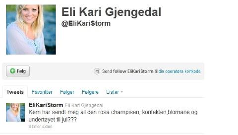 S�KER GAVEOPPHAV:  Er du en av dem som har sendt gave anonymt til v�ranmelder Eli Kari Gjengedal? Da blir hun glad hvis du vil gi deg til kjenne. Faksimile: Twitter