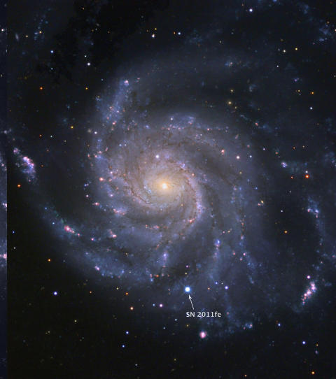 STJERNESMELL: 21 millioner lysår kan høres voldsomt mye ut, men i kosmologisk målestokk er det et steinkast. Derfor var det stort da en supernova eksploderte så nær jorda, i galaksen M101. Nyheten kommer på en tredjeplass over de beste astronominyhetene i 2011, ifølge astrofysiker Jostein Riiser Kristiansen. Foto: AFP PHOTO/BJ Fulton (LCOGT)/Palomar Transient Factory/ The Space Telescope Science Institute/SCANPIX STJERNESMELL: 21 millioner lysår kan høres voldsomt mye ut, men i kosmologisk målestokk er det et steinkast. Derfor var det stort da en supernova eksploderte så nær jorda, i galaksen M101. Nyheten kommer på en tredjeplass over de beste astronominyhetene i 2011, ifølge astrofysiker Jostein Riiser Kristiansen. Foto: AFP PHOTO/BJ Fulton (LCOGT)/Palomar Transient Factory/ The Space Telescope Science Institute/SCANPIX