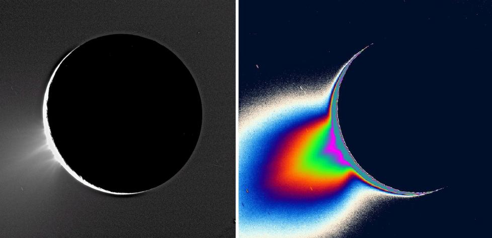 KAN DET V�RE LIV HER?: Vann og isgeysirene p� Saturn-m�nen Enceladus har v�rt kjent i flere �r, men forskere har lurt p� om det har v�rt for kaldt p� m�nen til at det finnes store mengder flytende vann - hovedingrediensen til liv - under isen. Men to uavhengige studier i �r var godt nytt: Det er mye varmere p� m�nens s�rpol enn f�rst antatt, og det er store mengder natriumsalter i sprutene som st�r ut - akkurat som i havene her p� jorda. Dette gir solsystemets t�ffeste m�ne en plass p� lista over �rets beste astronyheter. Foto: EPA/NASA/JPL/SPACE SCIENCE INSTITUTE/SCANPIX