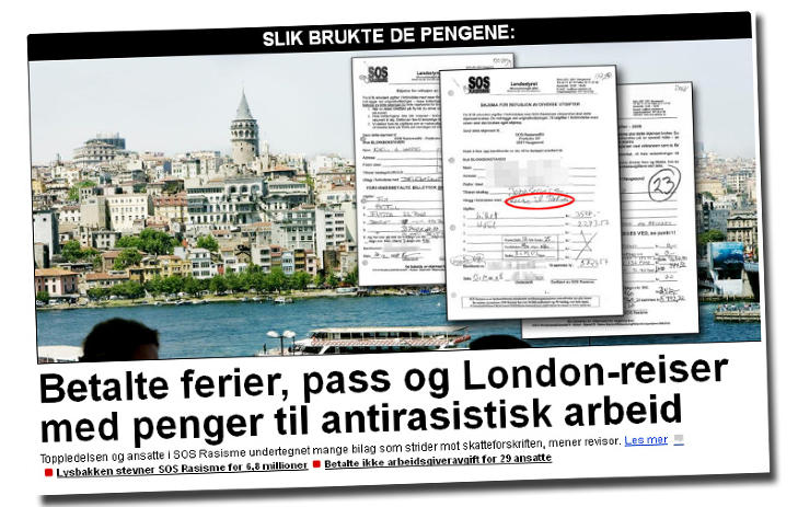 DAGBLADET 24.12: De siste ti �rene har SOS Rasisme mottatt flere titalls millioner kroner i offentlig st�tte. I tillegg har skoleklasser, fagforeninger og privatpersoner gitt store bel�p til SOS Rasisme. Ledelsen og ansatte har brukt pengene p� andre ting enn antirasistisk arbeid. Faksimile: Dagbladet