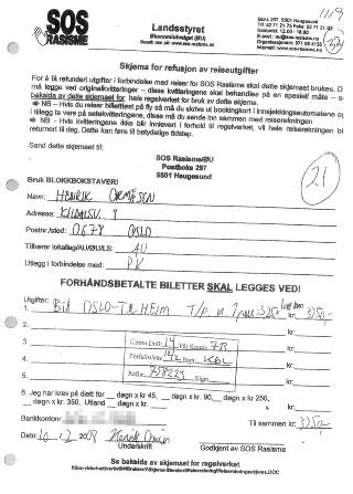 MANGLER PASSASJERNAVN OG DATO: Bilaget p� 3250 kroner levert av ansatt Henrik Orm�sen mangler flere opplysninger for � tilfredsstille Skatteetatens regelverk slik at det ikke skal trekkes skatt av utbetalingen. Orm�sen er ellers leder i Tjen Folket, viss medlemmer innehar de fleste betalte stillinger og sentrale verv i SOS Rasisme. Orm�sen �nsker ikke � kommentere saken. Faksimile: Bilag fra SOS Rasismes regnskap.