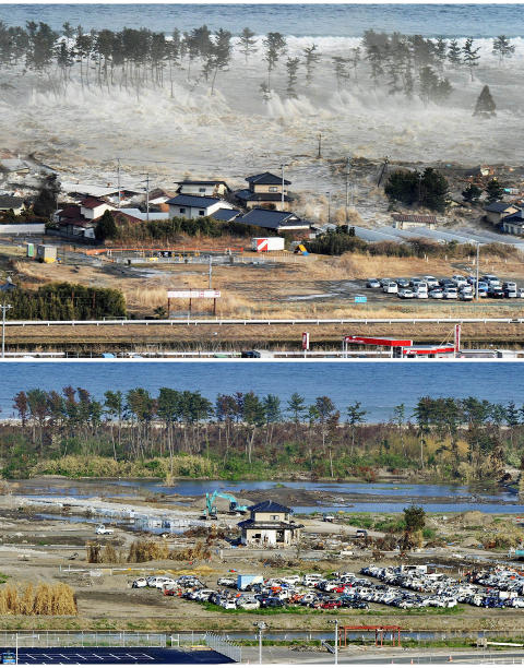 SKYLLET MED SEG HUS: P� det nerste f�r-bildet er det ett hus. Da tsunamien slo inn over Natori i Japan tok vannmassene med seg det meste det kom over. Foto: Kyodo/Reuters