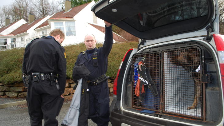 HUNDEPATRULJE: Politiet s�ker n� i ettermiddag med hund i terrenget rundt bofelleskapet for eldre, der kvinnen ble funnet i g�r kveld. Foto: Leif Stang.