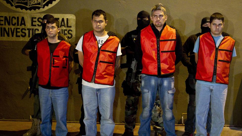 P�GREPET: Politiet viste fram de p�grepne Luis Alberto Tamez Hernandez, Cesar Acosta Canchola, Omar Ortiz og Hector Eduardo Trevino Urbano. Foto: AP Photo/Hans Maximo Musielik/Scanpix