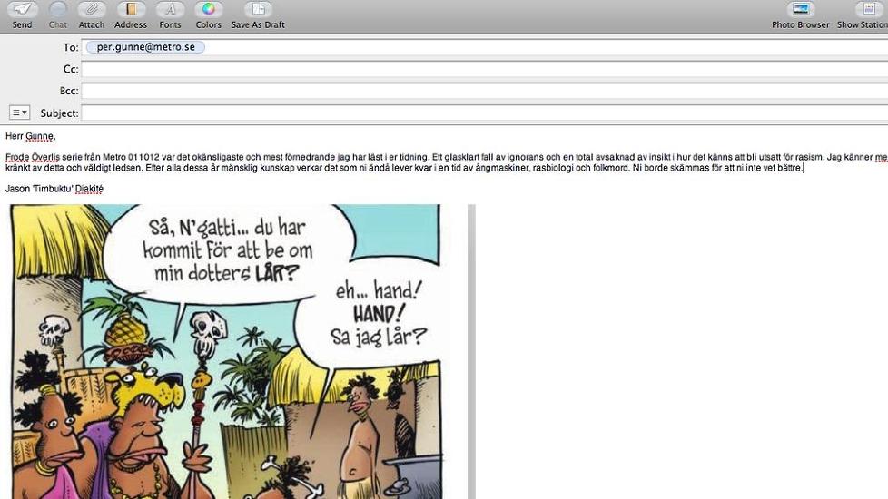 KONTROVERSIELL KANNIBALKOMIKK: Denne Frode �verli-stripen fikk Timbuktu til � sende et klagebrev til den svenske gratisavisa Metro. Skjermdump: Twitter