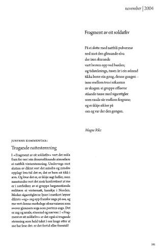 PUBLISERT: Magne Rike hadde mange dikt p� trykk i l�pet av sitt liv. I Diktkammerets jubileumsbok �� v�ga seg ut i ord�, gitt ut p� Samlaget h�sten 2011, ble diktet hans Fragment av eit soldatliv fra 2004 ogs� publisert i bokform. Faksimile fra boka.