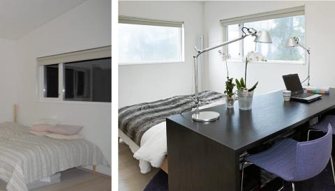 KOMBIM�BEL FOR TO: Interi�rarkitekten designet et m�bel som b�de fungerer som kontorplass for to og som sengegavl med integrerte nisjer. Her kan barna med tiden gj�re lekser sammen. Sengen benyttes av overnattingsgjester.