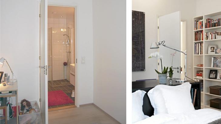 F�R OG ETTER: Rommet har tilgang til eget bad; noe som var utgangspunktet for � dyrke hotellpreget. Billy-bokhyllene fra Ikea, drar i mer privat retning. Bordlampene kan gi b�de arbeidslys og leselys. Foto: Sveinung Br�then