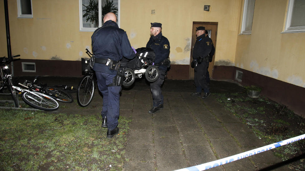 �STEDET: Svensk politi b�rer her ut en barnevogn fra huset der en norsk kvinne og hennes barn ble funnet d�de. Foto: RICHARD STR�M/EXPRESSEN