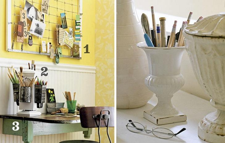 ARTIG GJENBRUK: Gamle kopper kar og rivjern kan brukes til oppbevaring av penner og annet st�sj. FOTO: Country Home og Better Homes and Gardens