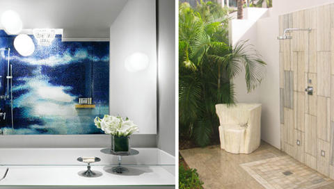 NYT NATUREN: P� Mondrian blir du minnet p� Miamis bl� b�lger mens du dusjer. P� hotellet Viceroy p� Anguilla nyter du en utedusj i lekre marmor-omgivelser. FOTO: Hotellene