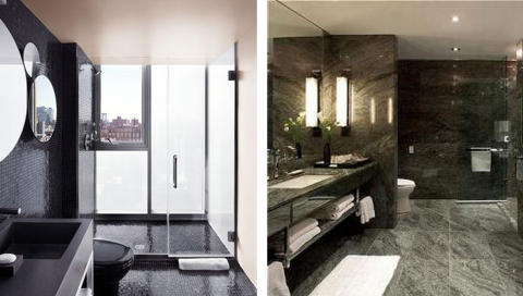 M�RK OG SEXY: Hotel on Rivington i New York og Hazelton Hotel i Toronto er begge fulle av sexy designersjarm. Ikke minst gjelder dette p� badet. FOTO: Hotellene