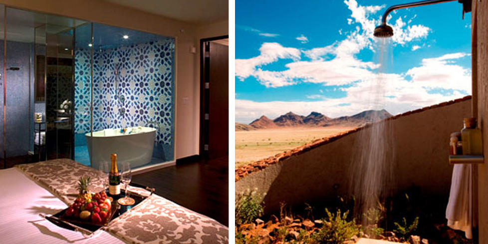 DR�MMEDUSJ: P� Desert Lodge i Namibia dusjer du ute, men verdens vakreste utsikt som nabo.  FOTO: Hotellene