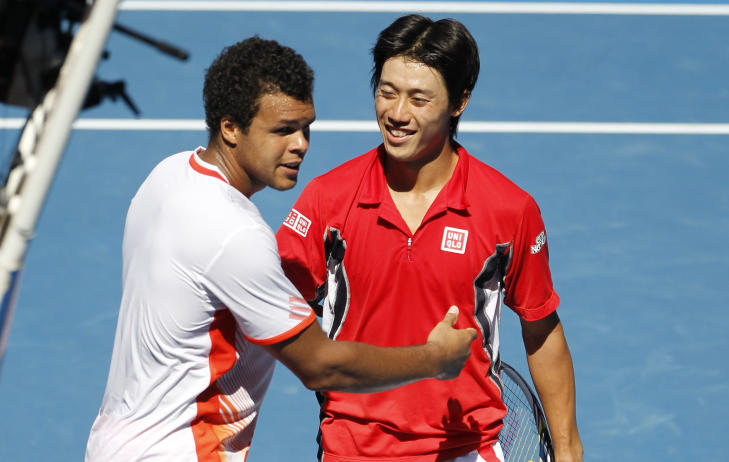 STJERNESMELL: Japans Kei Nishikori vant mot nummer seks i verden, Jo-Wilfried Tsonga. Foto: AP Photo/Shuji Kajiyama