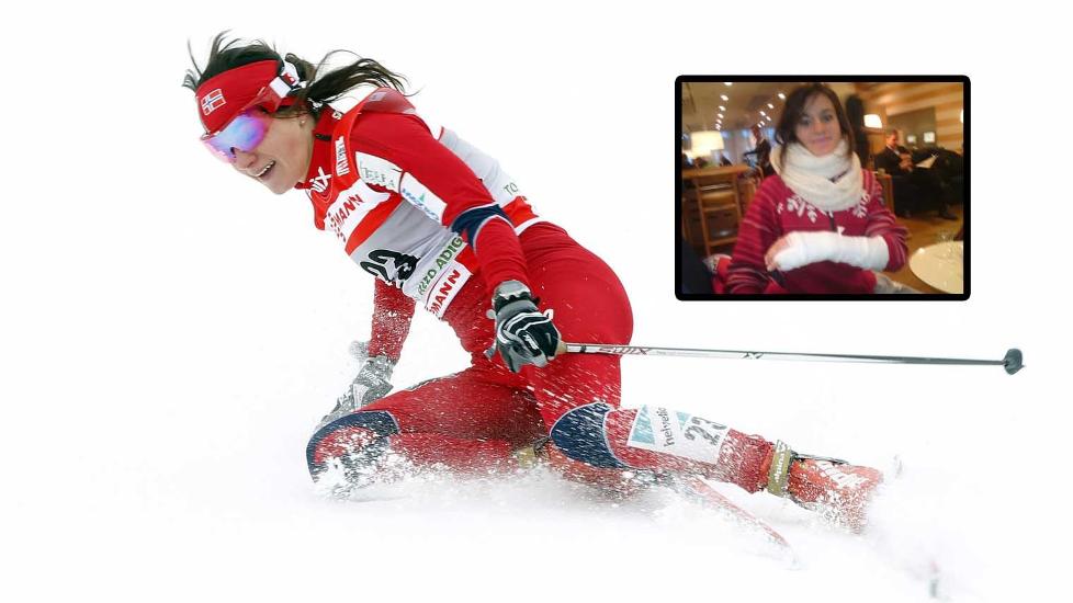 BRAKK FINGEREN: Langrennsl�per Heidi Weng brakk lillefingeren p� venstre h�nd etter et fall i g�r. N� g�r hun med en stor gips p� hele h�nda, men har likevel ikke gitt opp h�pet om � g� NM som starter torsdag.  Foto: Lise �serud / Scanpix og Privat.