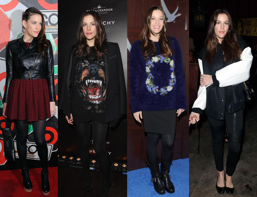 M�RK OG AVSLAPPET: Rockedatter og skuespiller Liv Tyler (34) har en forkj�rlighet for m�rke, rocka og avslappede antrekk. De to genserne i midten er fra Givenchy. Foto: Getty Images / All Over Press