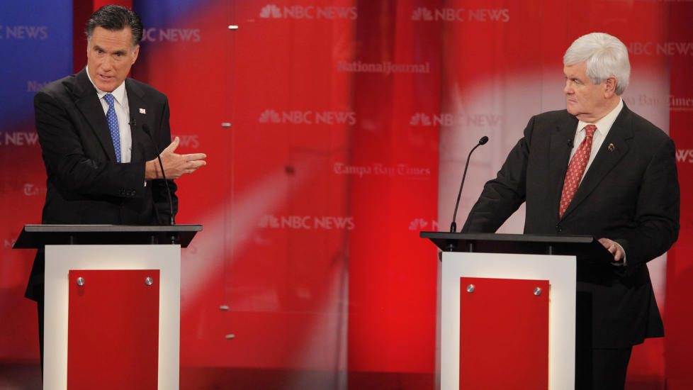 STORMFULLT:Her st�r Mitt Romney og Newt Gingrich p� scenen under en debatt i Tampa, Florida, i g�r. Foto: SCANPIX/REUTERS/Scott Audette