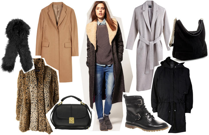 FINT OG VARMT: Fuskepelsskjerf, 1320 kroner hos Net-a-Porter.com, leopardm�nstret fuskepels fra Nelly, 779 kroner, veske fra Asos.com, 293 kroner, frakk fra Acne, 1798 kroner, frakk med saueskinnskrage fra Asos, 1380 kroner, sko fra Asos.com, 550 kroner, gr� frakk fra Weekday, 200 kroner, sort parkas fra Acne, 4495 kroner og veske fra Zara, 799 kroner. Foto: Produsentene
