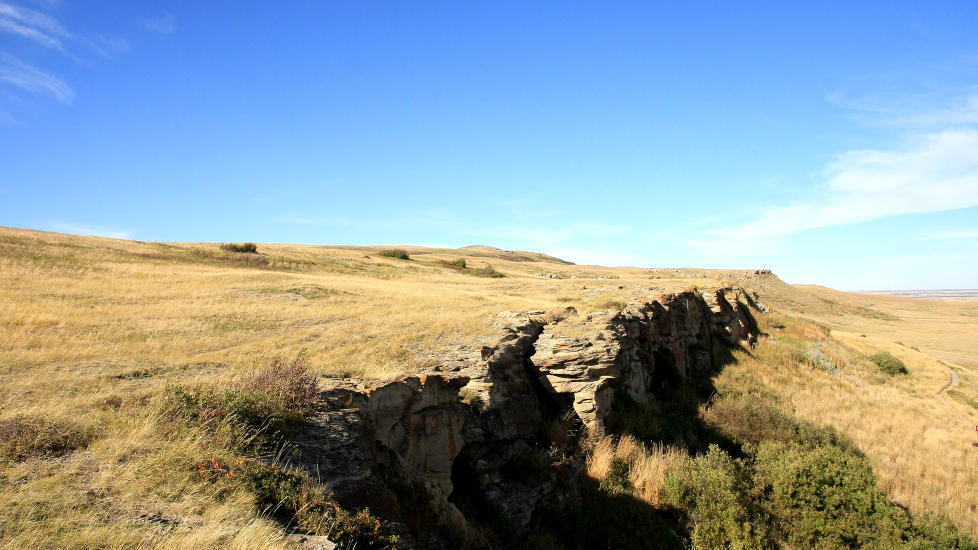 VERDENSARV: Head-Smashed-In Buffalo Jump havnet p� UNESCOs verdensarvliste i 1981, og skal v�re det eldste, st�rste og best bevarte av de mange stupene brukt til bisonjakt p� pr�rien p� det amerikanske kontinentet. Foto: PETTER L�KEN