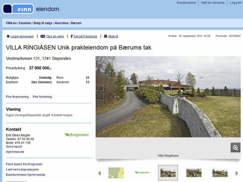 REDERBOLIG: Dette huset i ytterkanten av B�rum kommune er et av landets dyreste og er den tidligere boligen til skipsreder Dag Klavenes. Tegnet av arkitekt Magnus Poulson. Skjermdump: Finn.no