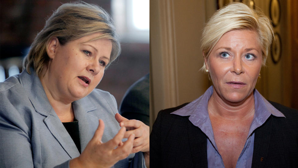 STRAFFES: Den bl� ballongen daler p� Dagbladets siste partibarometer, og mens H�yre og Erna Solberg g�r tilbake 3,6 prosentpoeng, g�r Fremskrittspartiet og Siv Jensen tilbake 1,3. Foto: Erling H�geland og Torbj�rn Berg / Dagbladet