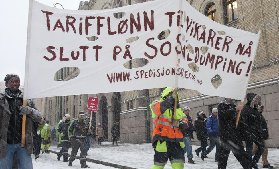 Fagbevegelsen gikk onsdag 18. januar til politisk streik med krav om at myndighetene nedlegger veto mot vikarbyr�direktivet.
Foto: Morten Holm / Scanpix