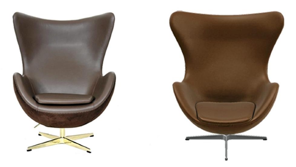 TILSYNELATENDE LIKE: Stolen til venstre er fra Classic Furniture 4 u og er en kopi av Arne Jacobsens �Egget�. Stolen til h�yre er den originale, produsert med lisens av Fritz Hansen. Foto: Produsentene