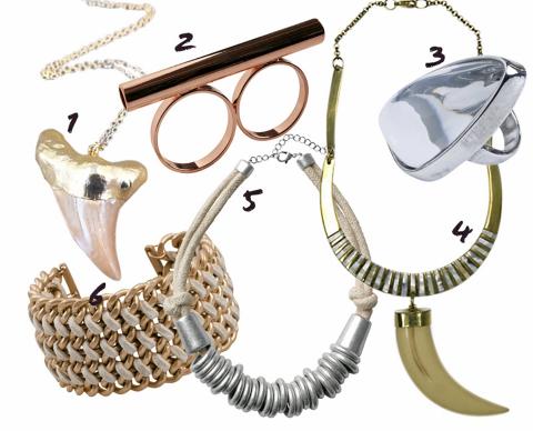 SMYKKER I  METALL: 1: Kjede fra Etsy, kr 540. 2: Dobbelring fra Monki, kr 46.3: Ring fra Weekday, ca kr 87.4: Kjede fra Mango, kr 259. 5: Kjede fra Monki, kr 77. 6: Armb�nd fra BikBok, kr 129.  Foto: Produsenter