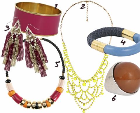 SMYKKER I FARGER: 1: Armb�nd fra Nelly, kr 899. 2: Kjede fra Forever 21, kr 114. 3: �redobber Accessorize, kr 159. 4: Armb�nd fra Royal Blush, kr 979. 5: Kjede fra H&M, kr 99. 6: Ring fra Pieces, kr 99.  Foto: Produsenter