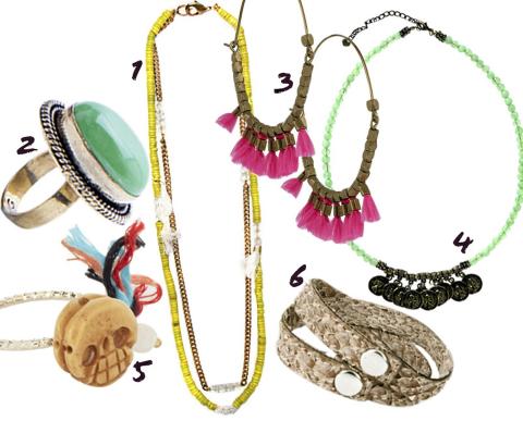 BOHO-SMYKKER: 1: Kjede fra Mango, kr 214. 2: Ring fra Mango, kr 139. 3: �reringer fra Isabel Marant, kr 944.  4: Kjede fra Mexx, kr 199. 5: Ring fra Asos, kr 63. 6: Armb�nd fra Cala & Jade, kr 299.  Foto: Produsenter
