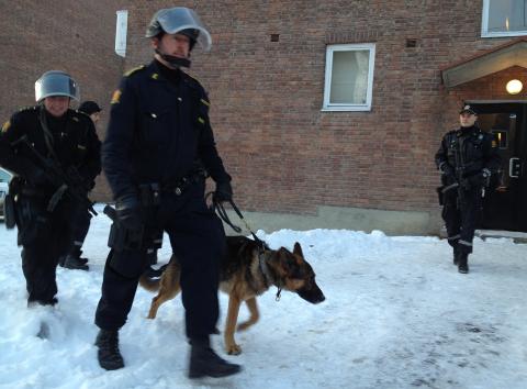 BEV�PNET POLITI: Store politistyrker med hundepatruljer jaktet p� gjerningsmannen i timene etter drapet. Foto: Harald S. Klungtveit / Dagbladet