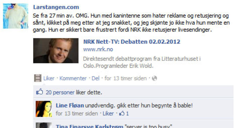 - BEKLAGER: Lars Tangen beklager at han kommenterte utseendet til PRESS-leder Tirill Sj�voll eller en debatt om kroppspress hvor de begge deltok. - Jeg f�lte at hun lo av meg, sier Tangen.