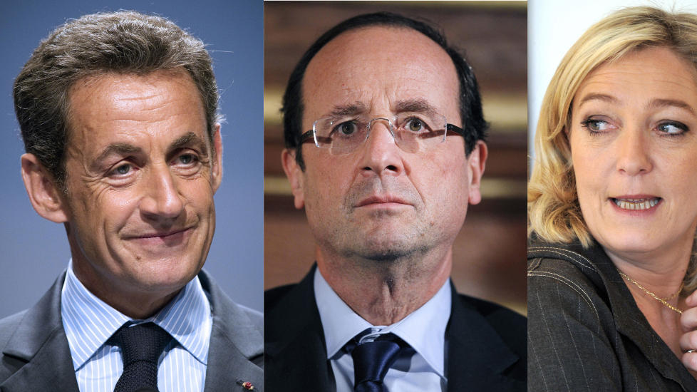 VALGETS KVALER: Blir det Francois Hollande eller Nicolas Sarkozy som vinner presidentvalget i Frankrike til v�ren? Ytre h�yre-kandidaten Marine Le Pen mener det er umulig � skille de to uansett.  Foto: AFP/ FRED DUFOUR / PHILIPPE HUGUEN