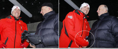 Her hilser skiskytterkongen p� kong Harald med r�de hansker