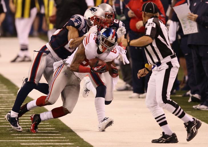FOR EVIGHETEN: Super Bowl XLII hadde David Tyrees «helmet catch». Super Bowl XLVI hadde Mario Manninghams mirakuløse mottak mellom to Patriots-spillere som igangsatte kampavgjørelsen i del to av New York Giants og New England Patriots.Foto: SCANPIX/Win McNamee/Getty Images/AFP FOR EVIGHETEN: Super Bowl XLII hadde David Tyrees «helmet catch». Super Bowl XLVI hadde Mario Manninghams mirakuløse mottak mellom to Patriots-spillere som igangsatte kampavgjørelsen i del to av New York Giants og New England Patriots.Foto: SCANPIX/Win McNamee/Getty Images/AFP