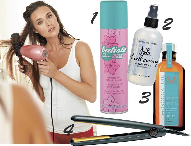H�RTIPS: 1. T�rrsjampo fra Batiste redder en d�rlig h�rdag. 2. Bumble & Bumbles Thickening Spray gir h�ret fylde p� et blunk. 3. Blankt og nydelig h�r kan du jukse deg til med for eksempel MoroccanOil. 4. GHD Styler blir varm p� f� sekunder, og gj�r at du raskt kan fikse h�ret selv om du har d�rlig tid. Foto: Bulls og produsentene