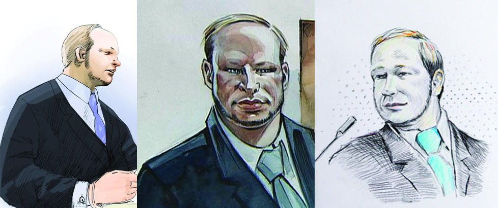  UTFORDRENDE : Flere av rettstegnerne som var til stede i Oslo Tingrett i dag, opplever det som utfordrende � tegne massedrapsmannen. Tegninger: DAGBLADET / FEDOR SAPEGIN / TV2 NYHETENE / LARS SLETTEB� / SCANPIX / MARCO VAGLIERI