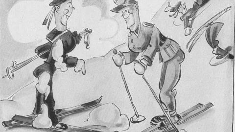 Berlinsk matros m�ter �sterriksk fjellsoldat.  Folkefellesskapet mellom by og land er ett av de viktige propagandapoengene i den tyske tegneserien fra Norge under krigen.