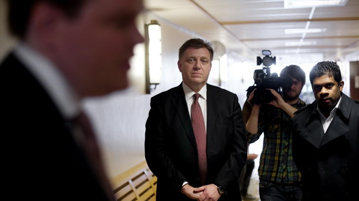 VITNET: Ove Andr� Vanebo (foran), formann i fremskrittspartiets ungdom, og tidligere generalsekret�r Geir Mo vitnet i dag. Foto: Tommy Ellingsen / Scanpix