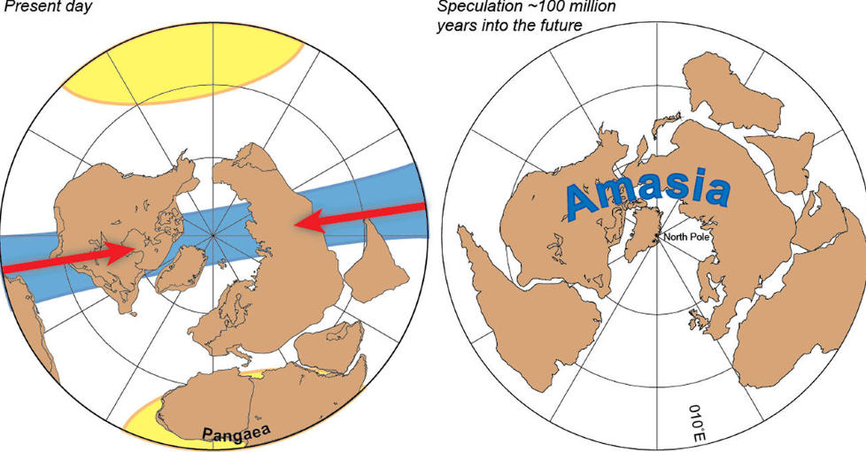 AMERIKA-ASKIA... eller AmAsia blant venner. If�lge den nye modellen over kontinentene vandringer, kolliderer Amerika, Europa og Asia sammen om rundt 100 millioner �r sammen og danner et superkontinent ved Nordpolen. Grafikk: Mitchell et al.