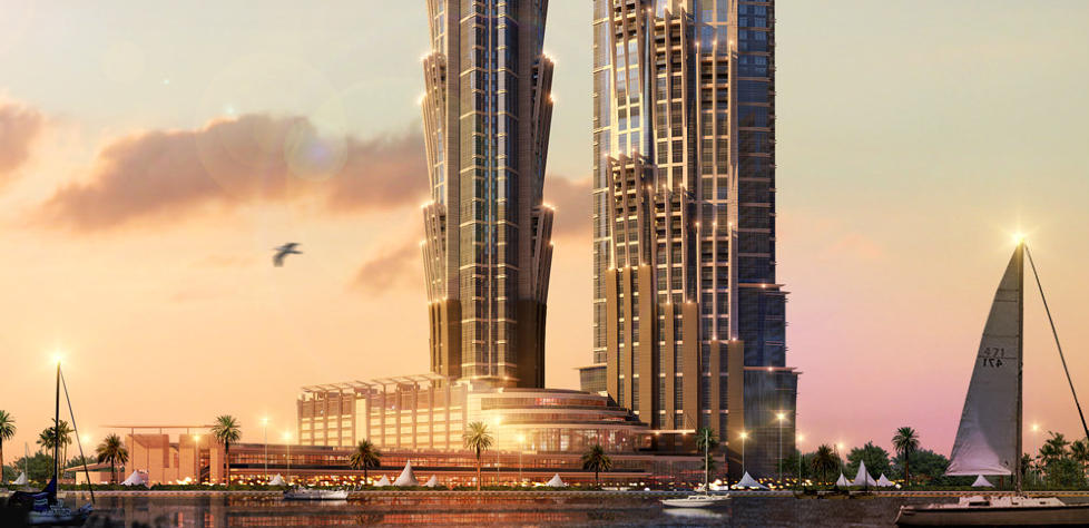 H�YT HOTELL: JW Marriott Marquis i Dubai vil best� av to skyskrapere p� 355 meter hver. Illustrasjon: JW MARRIOTT MARQUIS DUBAI