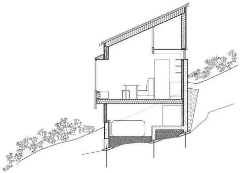 HYTTESNITT: Hytta sett fra siden, tegning ved sivilarkitekt MNAL Margrethe Rosenlund, partner hos MORFEUS arkitekter.