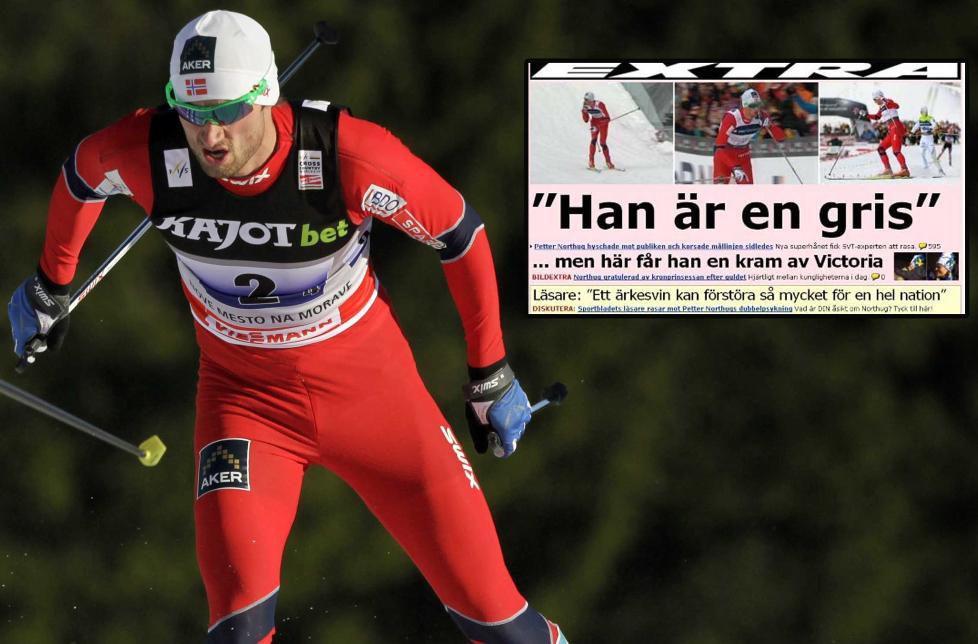 BLE KALT EN GRIS: Etter at Petter Northug gikk sidelengs over m�lstreken i Holmenkollen, reagerte SVT-kommentator Jonas Karlsson. N� m� han slutte i SVT etter at hans far, Ulf Karlsson, er blitt med i det svenske skilandslaget. Foto: REUTERS/David W Cerny  og Aftonbladet.